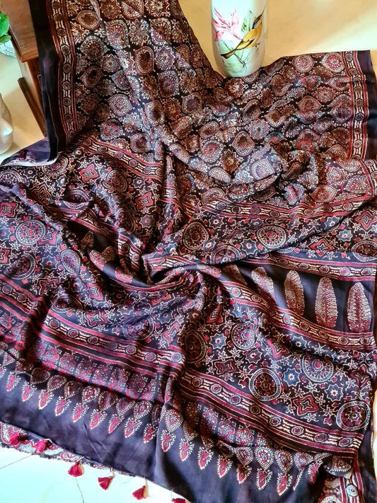 Zynah Pure Modal Silk Ajrakh Saree with Handblock Prints; Custom Stitched/Ready-made Blouse, Fall, Petticoat; Shipping available USA, Worldwide