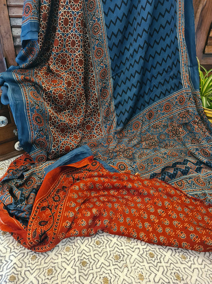 Zynah Pure Modal Silk Ajrakh Saree with Tissue Pallu, Handblock Prints; Custom Stitched/Ready-made Blouse, Fall, Petticoat; Shipping available USA, Worldwide