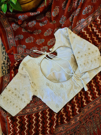 Zynah Pure Modal Silk Ajrakh Saree with Handblock Prints; Custom Stitched/Ready-made Blouse, Fall, Petticoat; Shipping available USA, Worldwide
