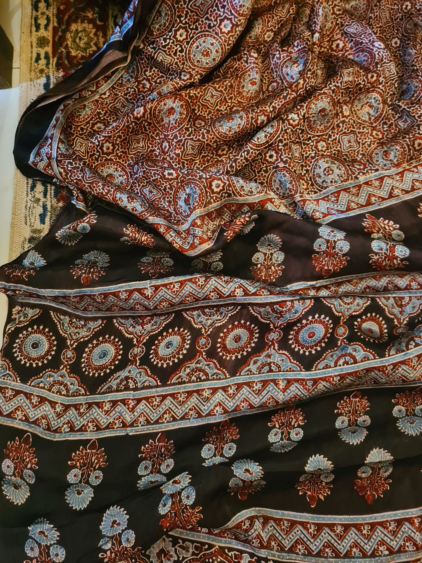 Zynah Pure Modal Silk Ajrakh Saree with Tissue Pallu, Handblock Prints; Custom Stitched/Ready-made Blouse, Fall, Petticoat; Shipping available USA, Worldwide