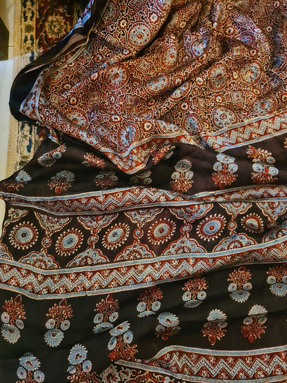 Zynah Pure Modal Silk Ajrakh Saree with Tissue Pallu, Handblock Prints; Custom Stitched/Ready-made Blouse, Fall, Petticoat; Shipping available USA, Worldwide