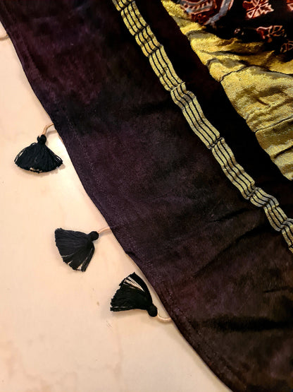 Zynah Pure Modal Silk Ajrakh Saree with Tissue Pallu, Handblock Prints; Custom Stitched/Ready-made Blouse, Fall, Petticoat; Shipping available USA, Worldwide