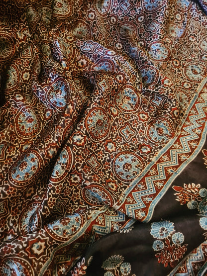 Zynah Pure Modal Silk Ajrakh Saree with Tissue Pallu, Handblock Prints; Custom Stitched/Ready-made Blouse, Fall, Petticoat; Shipping available USA, Worldwide