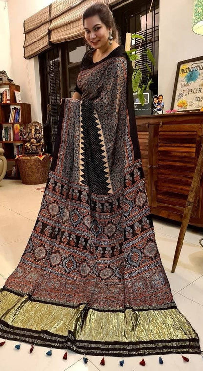Zynah Pure Modal Silk Ajrakh Saree with Tissue Pallu, Handblock Prints; Custom Stitched/Ready-made Blouse, Fall, Petticoat; Shipping available USA, Worldwide