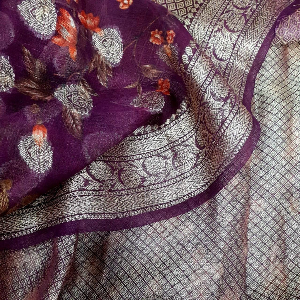 Zynah Pure Silk Linen Banarasi Saree with Floral Prints; Custom Stitched/Ready-made Blouse, Fall, Petticoat; Shipping available USA, Worldwide