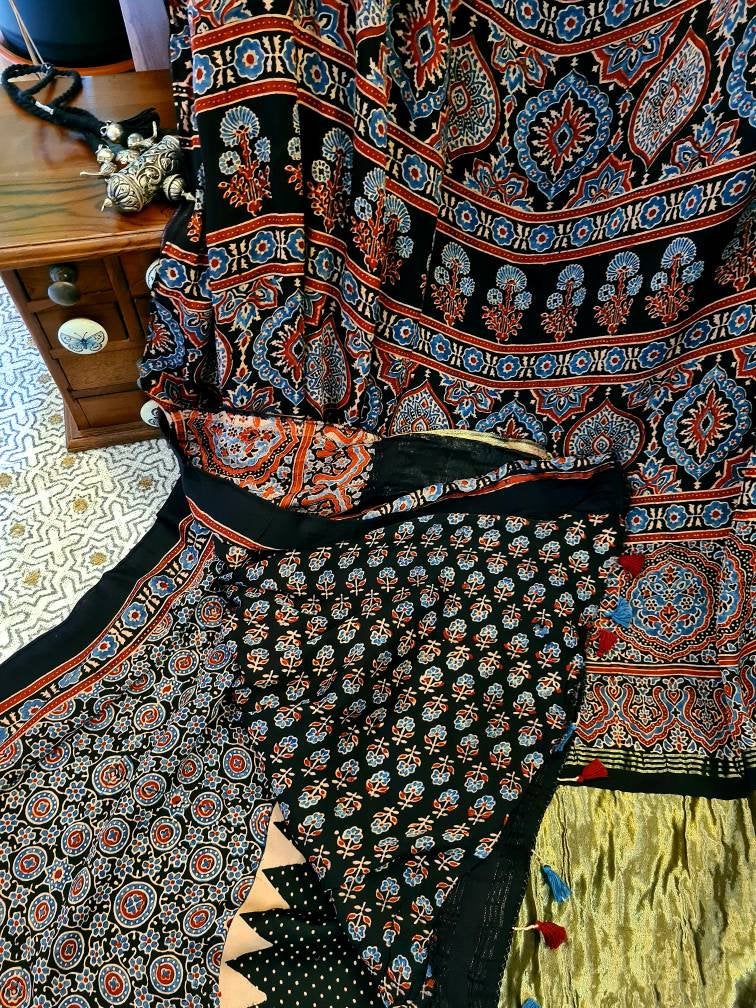 Zynah Pure Modal Silk Ajrakh Saree with Tissue Pallu, Handblock Prints; Custom Stitched/Ready-made Blouse, Fall, Petticoat; Shipping available USA, Worldwide