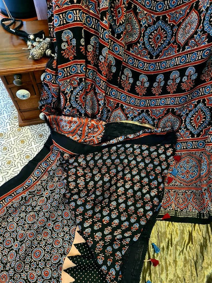 Zynah Pure Modal Silk Ajrakh Saree with Tissue Pallu, Handblock Prints; Custom Stitched/Ready-made Blouse, Fall, Petticoat; Shipping available USA, Worldwide