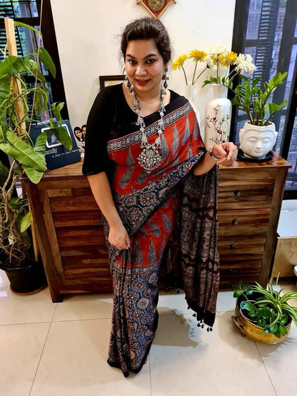 Zynah Pure Modal Silk Ajrakh Saree with Handblock Prints; Custom Stitched/Ready-made Blouse, Fall, Petticoat; Shipping available USA, Worldwide