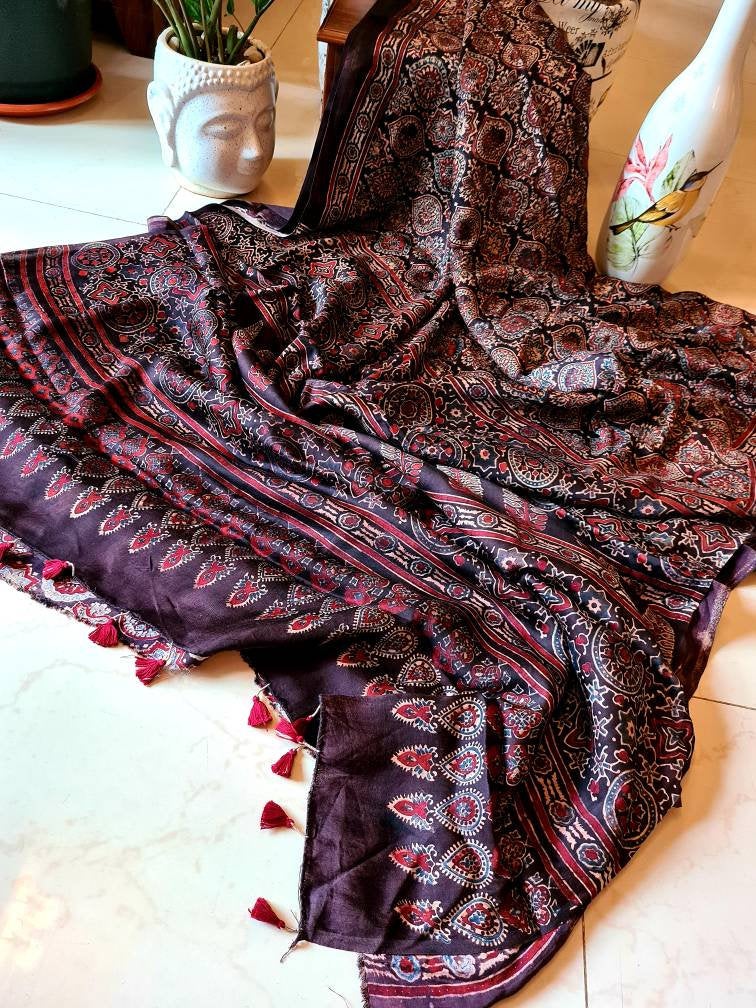 Zynah Pure Modal Silk Ajrakh Saree with Handblock Prints; Custom Stitched/Ready-made Blouse, Fall, Petticoat; Shipping available USA, Worldwide