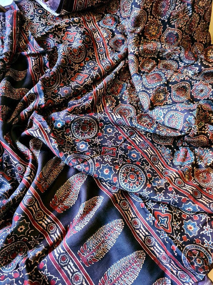 Zynah Pure Modal Silk Ajrakh Saree with Handblock Prints; Custom Stitched/Ready-made Blouse, Fall, Petticoat; Shipping available USA, Worldwide