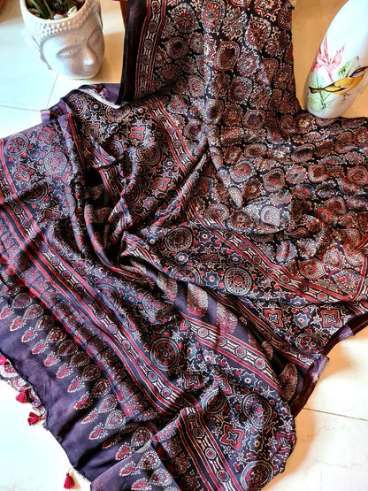 Zynah Pure Modal Silk Ajrakh Saree with Handblock Prints; Custom Stitched/Ready-made Blouse, Fall, Petticoat; Shipping available USA, Worldwide
