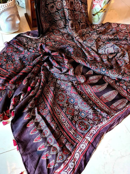 Zynah Pure Modal Silk Ajrakh Saree with Handblock Prints; Custom Stitched/Ready-made Blouse, Fall, Petticoat; Shipping available USA, Worldwide