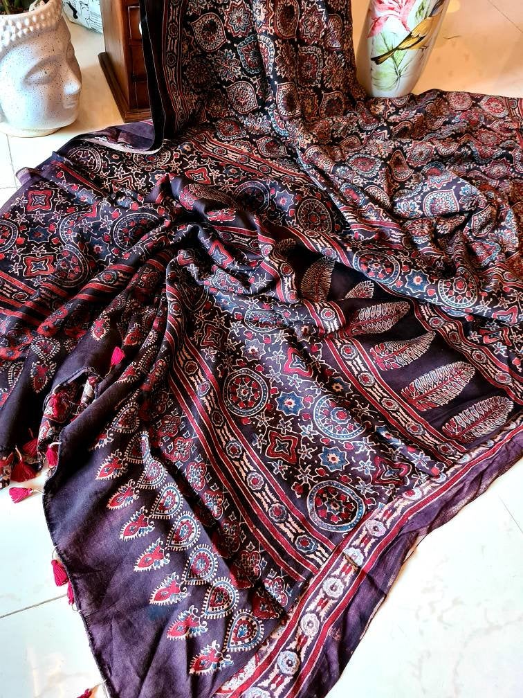 Lt fashion ajrakh linen silk designer sarees Collection At Wholesale Price