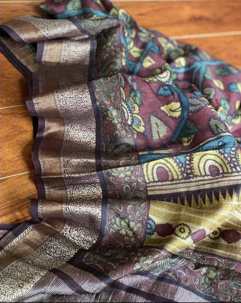 Zynah Pure Munga Silk Banarasi Woven Kalamkari Printed Saree; Custom Stitched/Ready-made Blouse, Fall, Petticoat; Shipping available USA, Worldwide