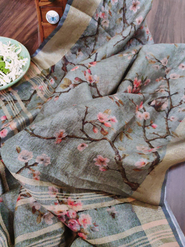 Zynah Cherry Blossom Printed Organic Lab Tested 120 Count pure 'Linen by Linen' Handcrafted Saree; Custom Stitched/Ready-made Blouse, Fall, Petticoat; Shipping available USA, Worldwide