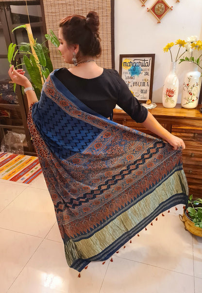 Zynah Pure Modal Silk Ajrakh Saree with Tissue Pallu, Handblock Prints; Custom Stitched/Ready-made Blouse, Fall, Petticoat; Shipping available USA, Worldwide