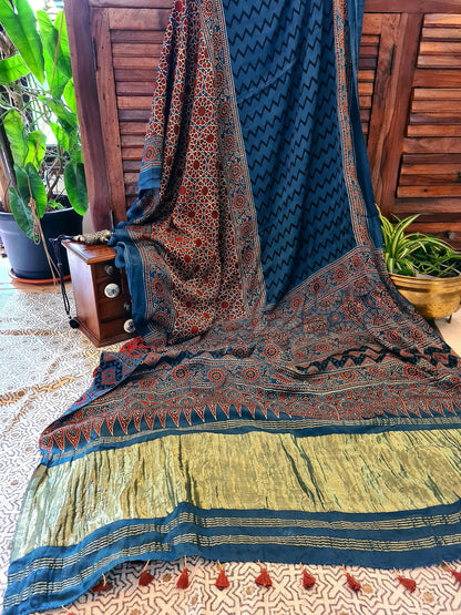 Zynah Pure Modal Silk Ajrakh Saree with Tissue Pallu, Handblock Prints; Custom Stitched/Ready-made Blouse, Fall, Petticoat; Shipping available USA, Worldwide