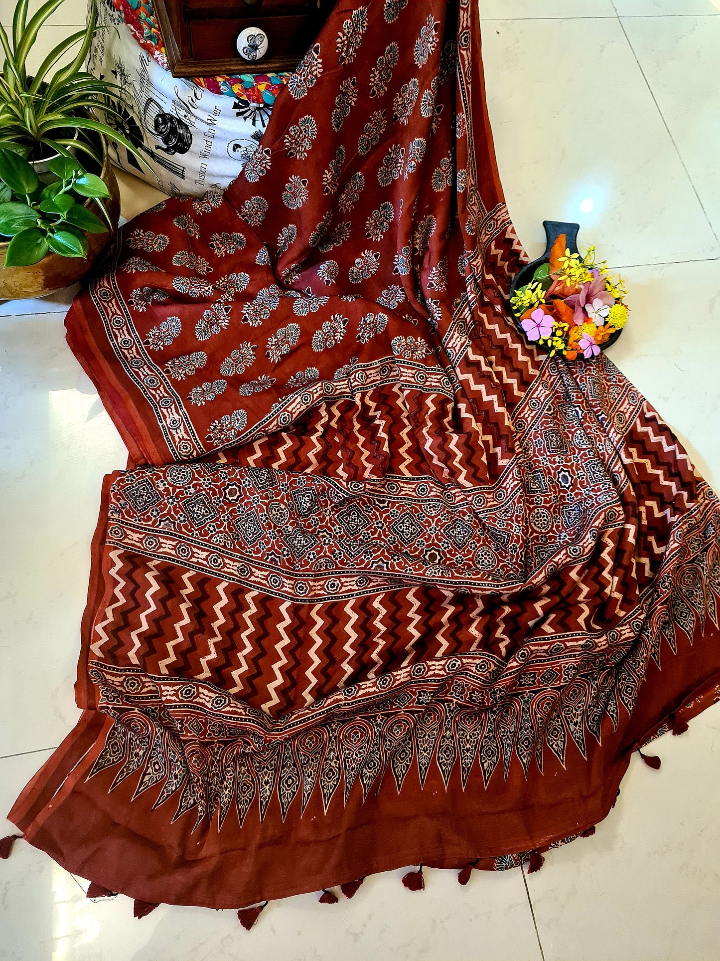 Zynah Pure Modal Silk Ajrakh Saree with Handblock Prints; Custom Stitched/Ready-made Blouse, Fall, Petticoat; Shipping available USA, Worldwide