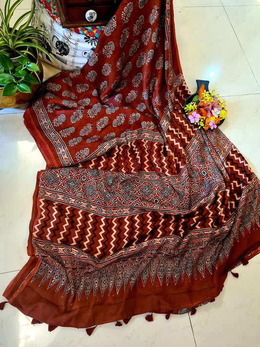 Zynah Pure Modal Silk Ajrakh Saree with Handblock Prints; Custom Stitched/Ready-made Blouse, Fall, Petticoat; Shipping available USA, Worldwide