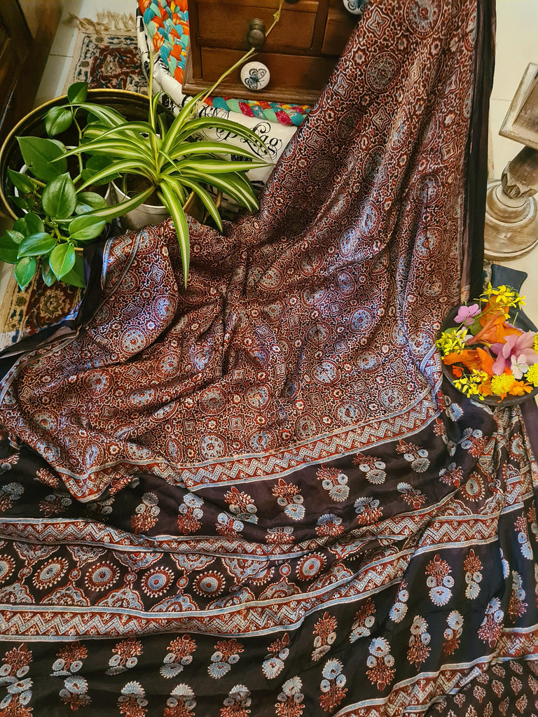 Zynah Pure Modal Silk Ajrakh Saree with Tissue Pallu, Handblock Prints; Custom Stitched/Ready-made Blouse, Fall, Petticoat; Shipping available USA, Worldwide