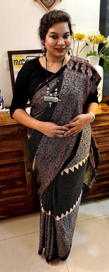 Zynah Pure Modal Silk Ajrakh Saree with Tissue Pallu, Handblock Prints; Custom Stitched/Ready-made Blouse, Fall, Petticoat; Shipping available USA, Worldwide