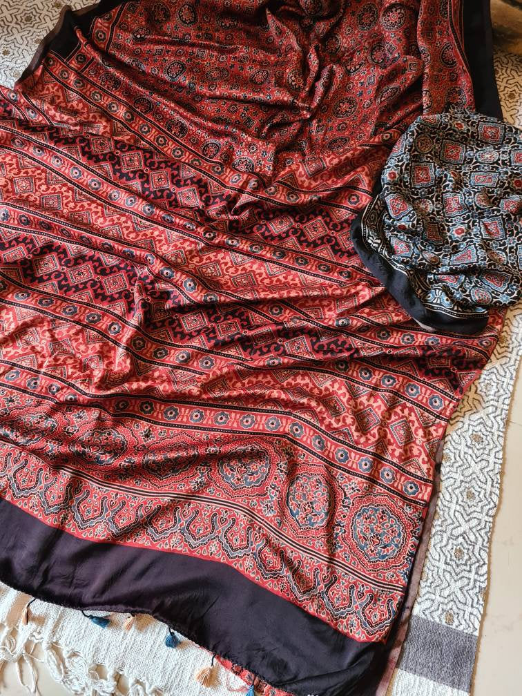 Zynah Pure Modal Silk Ajrakh Saree with Handblock Prints; Custom Stitched/Ready-made Blouse, Fall, Petticoat; Shipping available USA, Worldwide