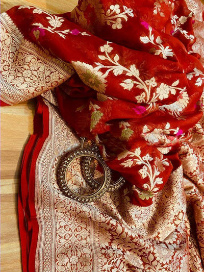Zynah Pure Khaddi Georgette Banarasi Saree with Golden Zari & Meenakari Weave Motifs; Custom Stitched/Ready-made Blouse, Fall, Petticoat; Shipping available USA, Worldwide