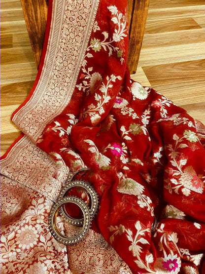 Zynah Pure Khaddi Georgette Banarasi Saree with Golden Zari & Meenakari Weave Motifs; Custom Stitched/Ready-made Blouse, Fall, Petticoat; Shipping available USA, Worldwide