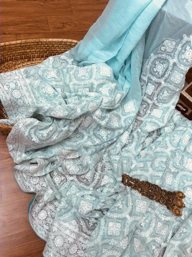 Zynah Pure Georgette Chikankari Saree with Sequence Hand work; Custom Stitched/Ready-made Blouse, Fall, Petticoat; Shipping available USA, Worldwide
