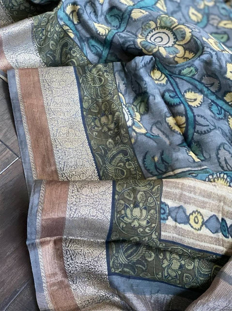 Zynah Pure Munga Silk Banarasi Woven Kalamkari Printed Saree; Custom Stitched/Ready-made Blouse, Fall, Petticoat; Shipping available USA, Worldwide