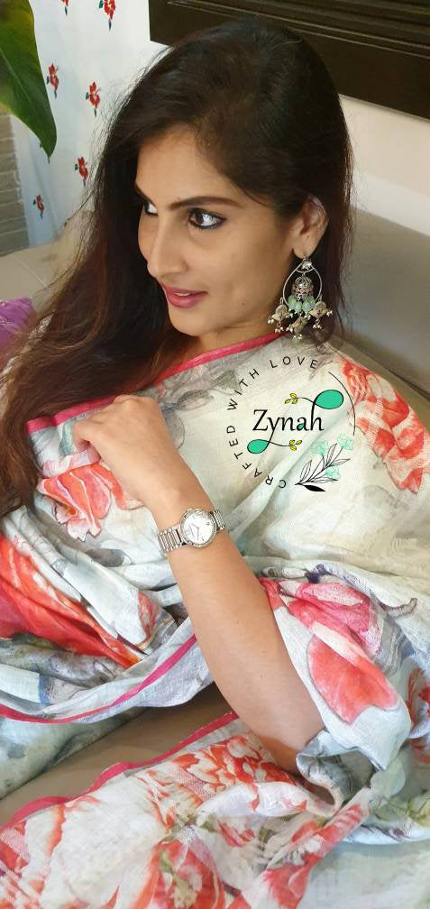 Zynah Digital Printed Organic Lab Tested 120 Count pure 'Linen by Linen' Handcrafted Saree; Custom Stitched/Ready-made Blouse, Fall, Petticoat; Shipping available USA, Worldwide