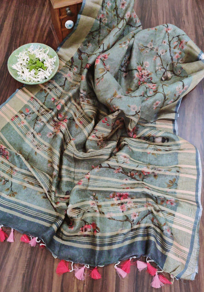 Zynah Cherry Blossom Printed Organic Lab Tested 120 Count pure 'Linen by Linen' Handcrafted Saree; Custom Stitched/Ready-made Blouse, Fall, Petticoat; Shipping available USA, Worldwide