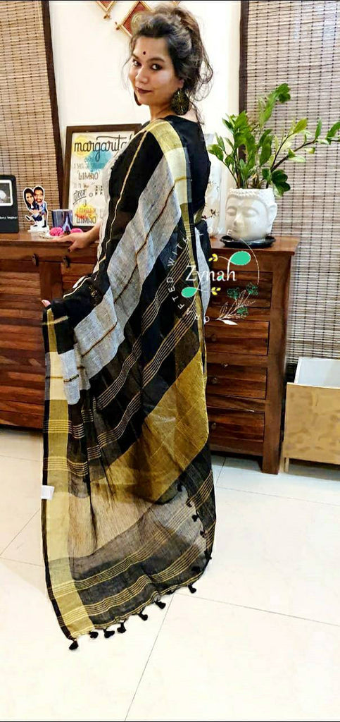 Zynah Striped Pure Handwoven Organic Lab Tested 120 Count pure 'Linen by Linen' Handcrafted Saree
