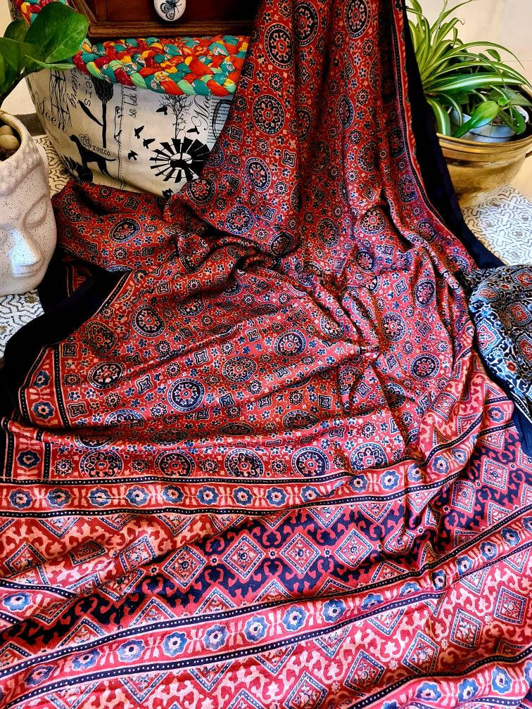 Zynah Pure Modal Silk Ajrakh Saree with Handblock Prints; Custom Stitched/Ready-made Blouse, Fall, Petticoat; Shipping available USA, Worldwide