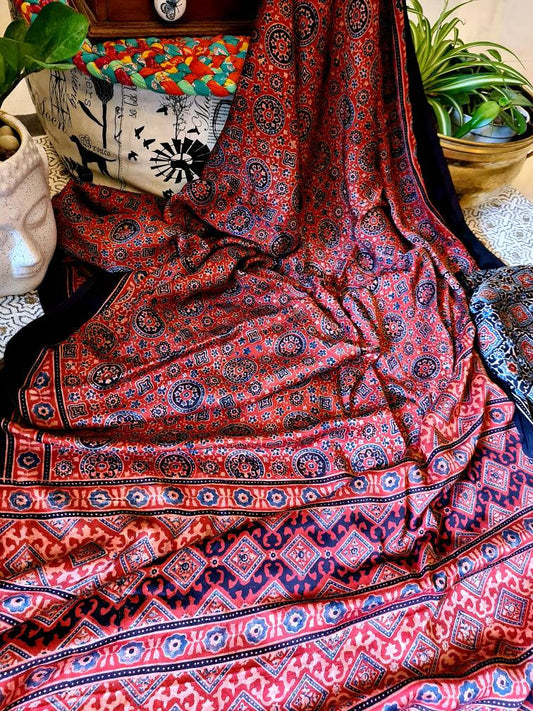 Zynah Pure Modal Silk Ajrakh Saree with Handblock Prints; Custom Stitched/Ready-made Blouse, Fall, Petticoat; Shipping available USA, Worldwide