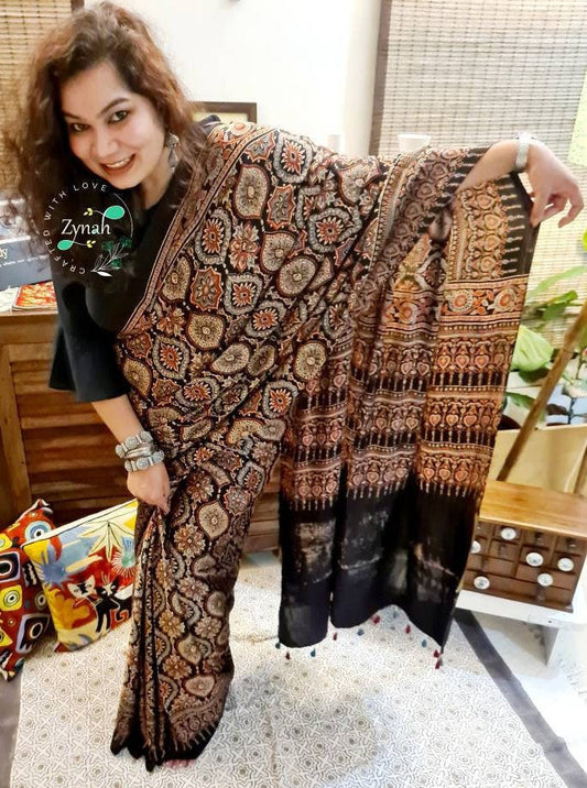 Zynah Pure Modal Silk Ajrakh Saree with Tissue Zari Pallu & Handblock Prints; Custom Stitched/Ready-made Blouse, Fall, Petticoat; Shipping available USA, Worldwide