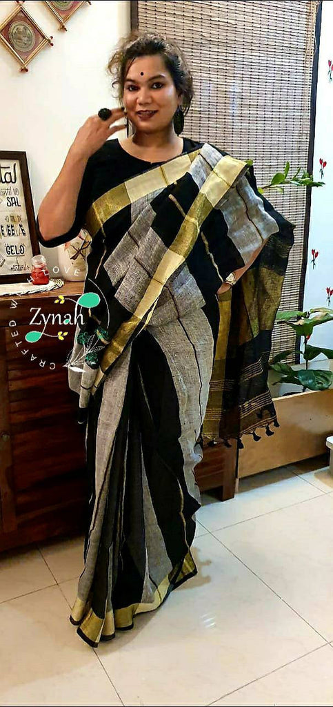 Zynah Striped Pure Handwoven Organic Lab Tested 120 Count pure 'Linen by Linen' Handcrafted Saree