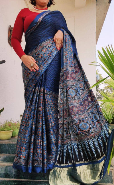 Zynah Pure Modal Silk Ajrakh Saree with Tissue Zari Pallu, Handblock Prints; Custom Stitched/Ready-made Blouse, Fall, Petticoat; Shipping available USA, Worldwide