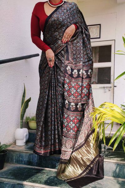 Zynah Pure Modal Silk Ajrakh Saree with Tissue Zari Pallu, Handblock Prints; Custom Stitched/Ready-made Blouse, Fall, Petticoat; Shipping available USA, Worldwide