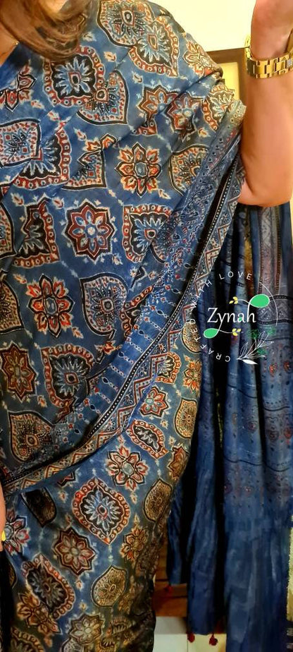 Zynah Pure Modal Silk Ajrakh Saree with Handblock Prints; Custom Stitched/Ready-made Blouse, Fall, Petticoat; Shipping available USA, Worldwide