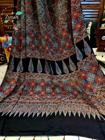 Zynah Pure Modal Silk Ajrakh Saree with Handblock Prints; Custom Stitched/Ready-made Blouse, Fall, Petticoat; Shipping available USA, Worldwide