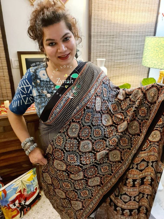 Zynah Pure Modal Silk Ajrakh Saree with Handblock Prints; Custom Stitched/Ready-made Blouse, Fall, Petticoat; Shipping available USA, Worldwide
