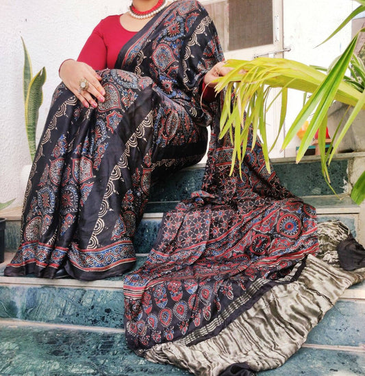 Zynah Pure Modal Silk Ajrakh Saree with Tissue Zari Pallu, Handblock Prints; Custom Stitched/Ready-made Blouse, Fall, Petticoat; Shipping available USA, Worldwide