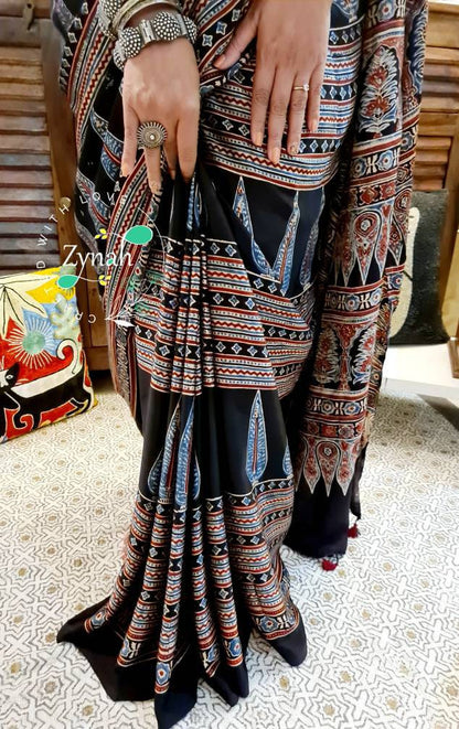 Zynah Pure Modal Silk Ajrakh Saree with Handblock Prints; Custom Stitched/Ready-made Blouse, Fall, Petticoat; Shipping available USA, Worldwide