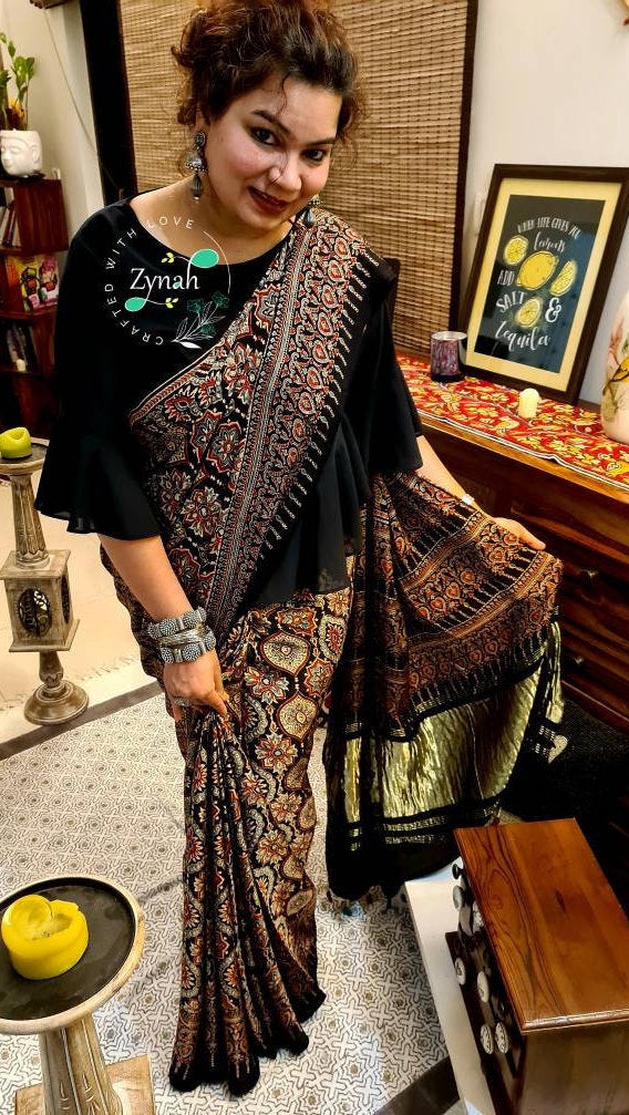 Zynah Pure Modal Silk Ajrakh Saree with Tissue Zari Pallu & Handblock Prints; Custom Stitched/Ready-made Blouse, Fall, Petticoat; Shipping available USA, Worldwide