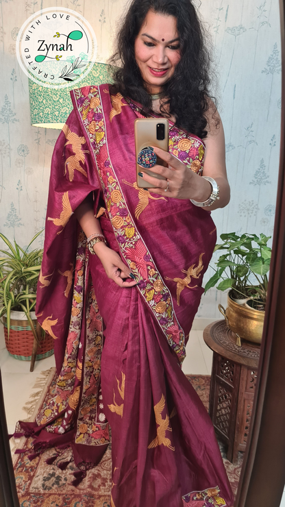 Zynah Wine Color Pure Tussar Silk Parsi work wine color Inspired Saree, Flamingo Bird Motifs; Custom Stitched/Ready-made Blouse, Fall, Petticoat; Shipping available USA, Worldwide