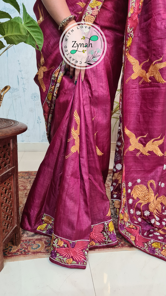 Zynah Wine Color Pure Tussar Silk Parsi work wine color Inspired Saree, Flamingo Bird Motifs; Custom Stitched/Ready-made Blouse, Fall, Petticoat; Shipping available USA, Worldwide